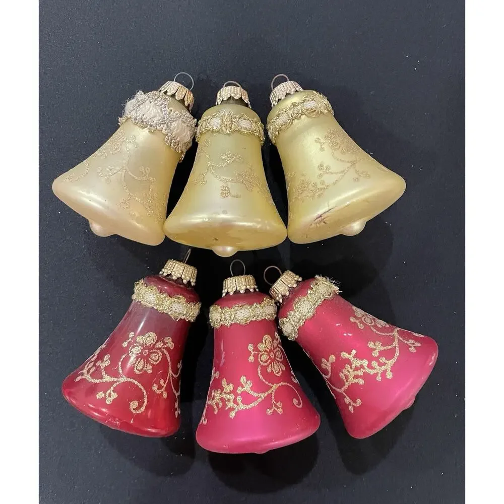 Vintage German Glass Bell Ornaments Set 6 Original Caps Marked Krebs Pink & Gold
